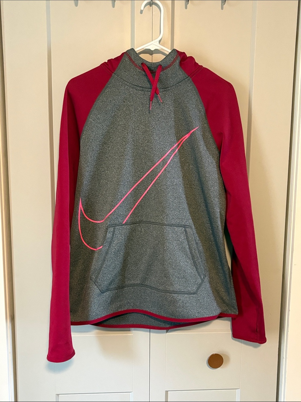 Nike Gray Hoodie with Pink Swoosh and Magenta Sleeves